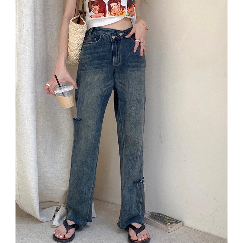 Quần Jean Nữ Lưng Cao Ống Đứng Rách Gối Thời Trang