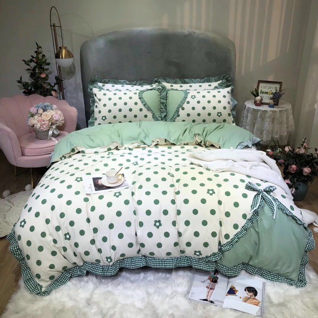 Bộ chăn ga gối cotton bèo nơ dành cho các cô nàng điệu đà
