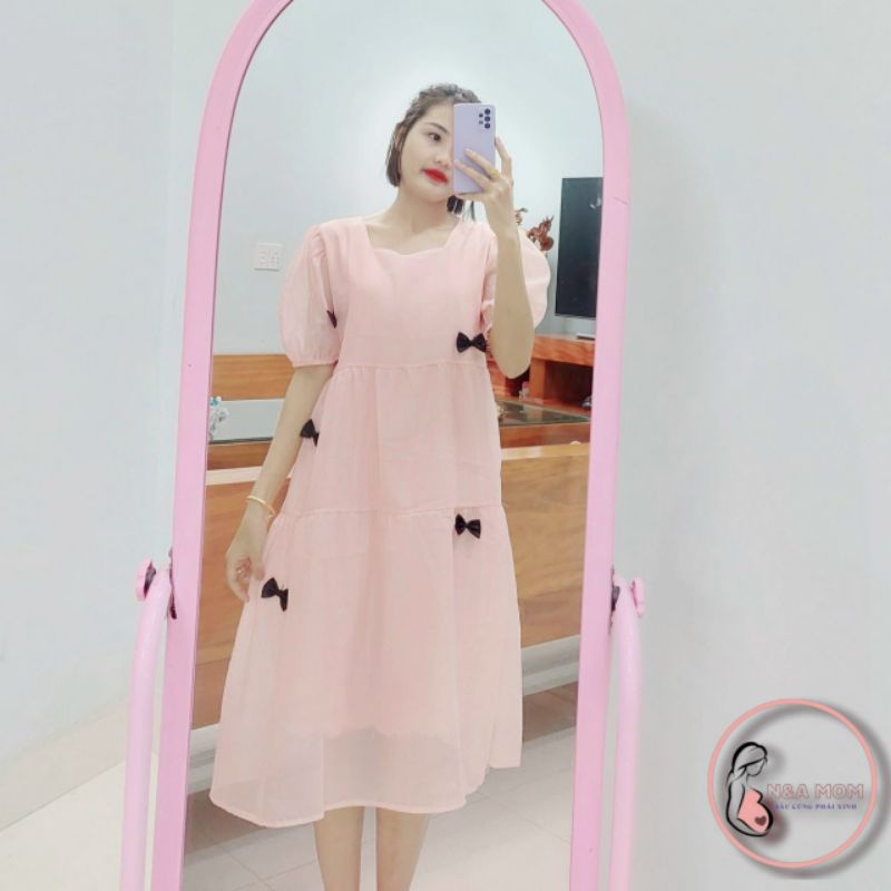 Váy bầu, đầm thiết kế voan nơ 2 lớp tiểu thư dáng babydoll bụng thoải mái cho mẹ bầu suốt cả thai kì và sau sinh 40-70kg