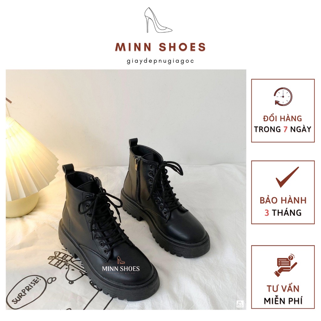 Boot nữ cổ cao buộc dây khóa kéo da bóng tăng chiều cao thời trang