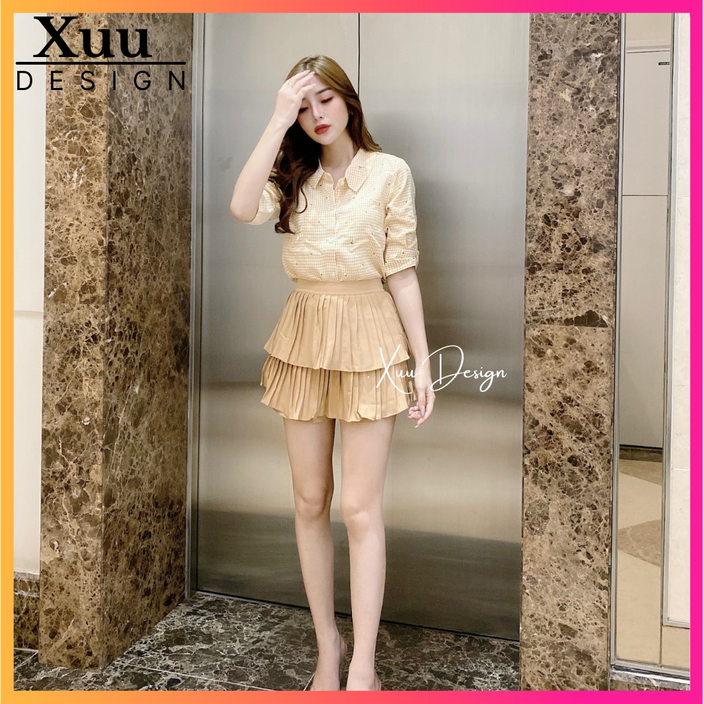 Áo sơ mi nữ công sở Xuu Design💖 Freeship-Ảnh Thật💖 Sơ mi kẻ cổ sen, chất vải đẹp [BS11 caro Vàng]