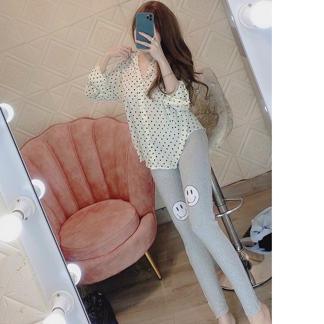Sét bộ áo sơ mi form rộng tay dài phối quần thun in mặt cười cực xinh  ( ảnh thật )