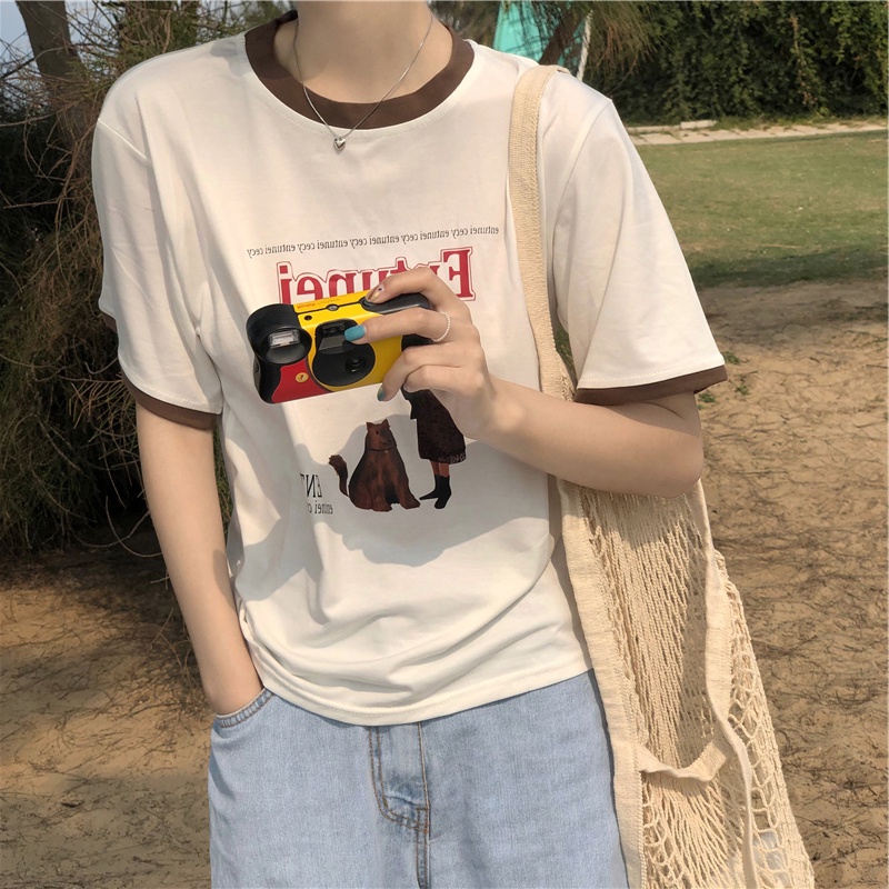 Áo thun SUXI tay ngắn cổ tròn dáng rộng họa tiết chữ thời trang mùa hè dành cho nữ