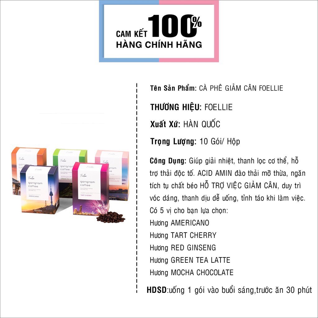 Hộp 10 Gói Cà Phê Giảm Cân Ngăn Ngừa Tích Mỡ Foellie Gangnam Coffee (5g/13g/14g/15g) x 10 gói