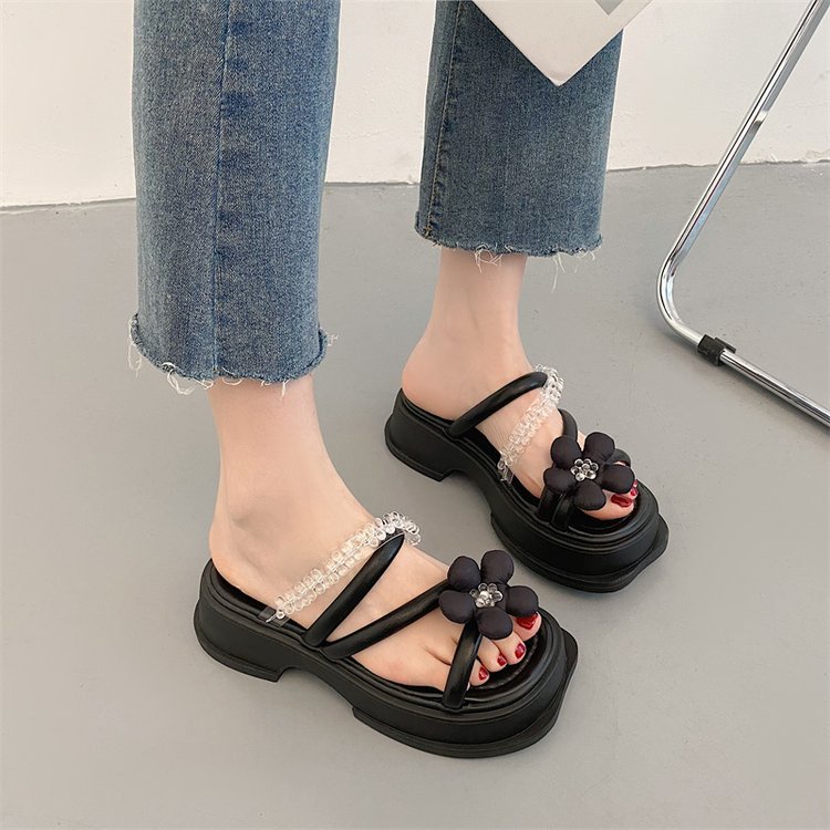 Dép Sandal Đế Dày Thấp Đính Hoa Thời Trang Hàn Quốc