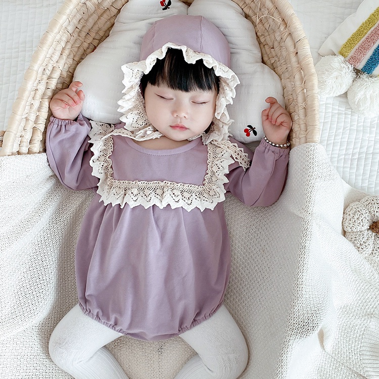 Bộ Áo Liền Quần Tay Dài Cổ Bèo + Mũ Thời Trang Mùa Thu Xinh Xắn Thoải Mái Cho Bé Gái Sơ Sinh