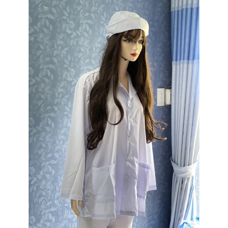 Áo Blouse Trắng Điều Dưỡng, Áo Bác Sĩ, Dược Sĩ tay dài, chấm mông _ Hình chụp thật