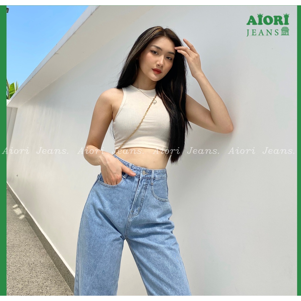 Quần Jeans Nữ, Quần Bò Nữ Aiori Ống Rộng Cạp Cao Trơn Kiểu Bò Suông Phong Cách Thời Trang Hàn Quốc Ulzzang_Mã 004