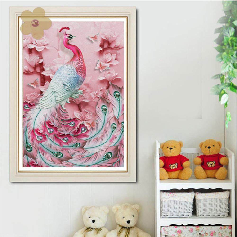 Tranh đính đá 5D họa tiết chim công màu hồng độc đáo DIY dùng trang trí nhà cửa