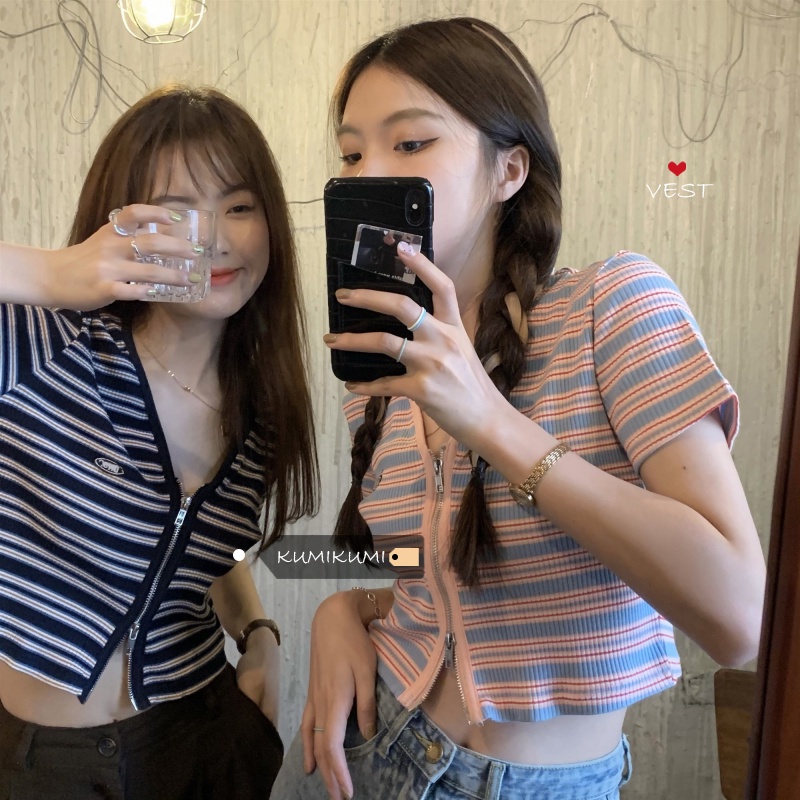 Áo dệt kim SUXI tay ngắn cổ chữ V kẻ sọc phối khóa kéo thời trang mùa hè cho nữ