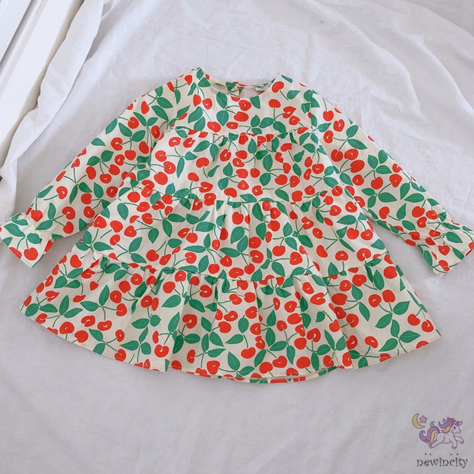 Đầm cotton dài tay in họa tiết quả anh đào đáng yêu dành cho bé gái