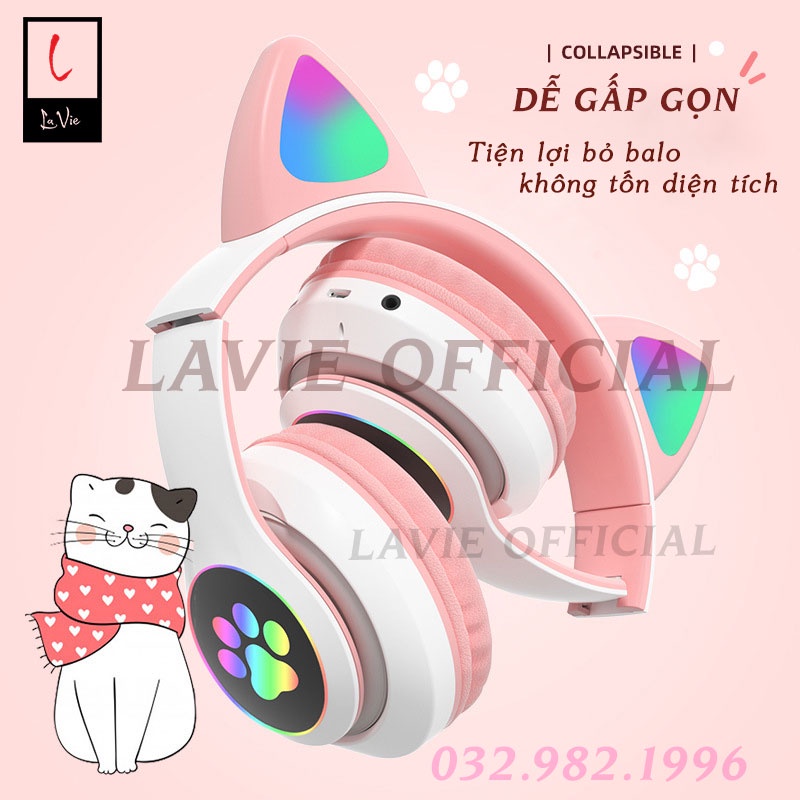 [Sẵn] Tai Nghe Chụp Tai Mèo Bluetooth Có Mic | Headphone Bluetooth Tai Mèo Có Led Đổi Màu Siêu Cute, Âm Thanh Sống Động