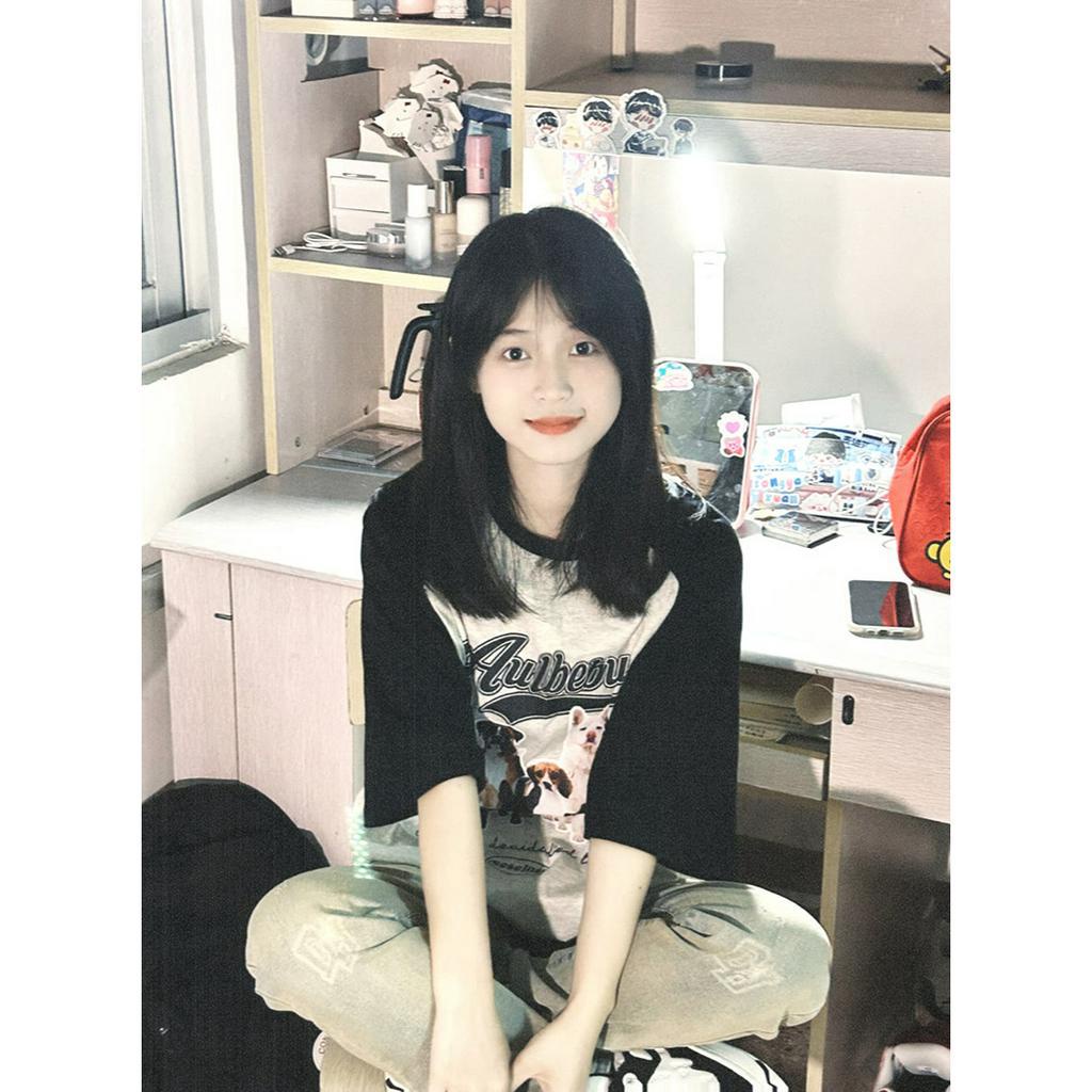 Ethelgirl Áo Thun Tay Ngắn Dáng Rộng In Họa Tiết Chú Chó Thời Trang Hàn Quốc Xinh Xắn Cho Nữ