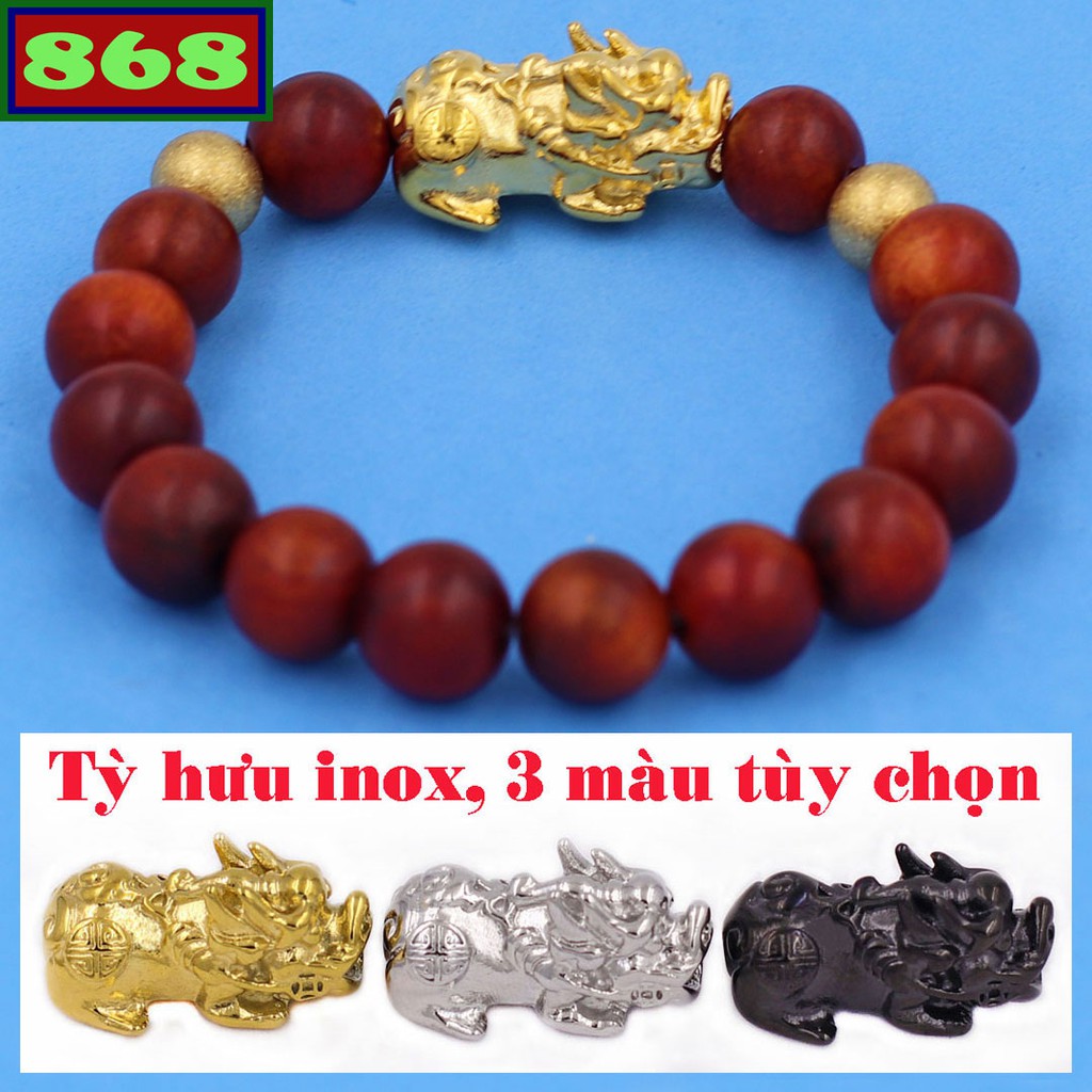 Vòng chuỗi đeo tay gỗ đỏ charm tỳ hưu, bi inox, từ hạt 8 ly đến 14 ly, vòng chuỗi phong thủy