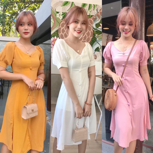 Đầm nút bọc xẻ tà 3 màu