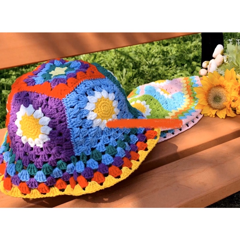 NÓN LEN MÓC HOA CÚC SẮC MÀU- NÓN GRANNY SQUARE RÁP CUTE LẠC LỐI