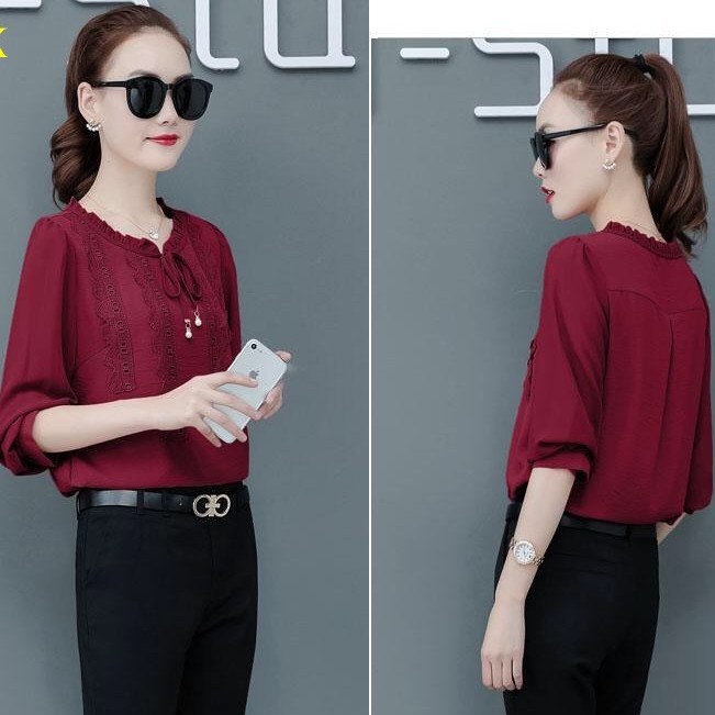 Áo Sơ Mi Công Sở Nữ, Kiểu Áo Sơ Mi Cổ Tròn Tay Dài Phối Ren Xinh Xắn | Thời Trang Công Sở Nữ - MT888