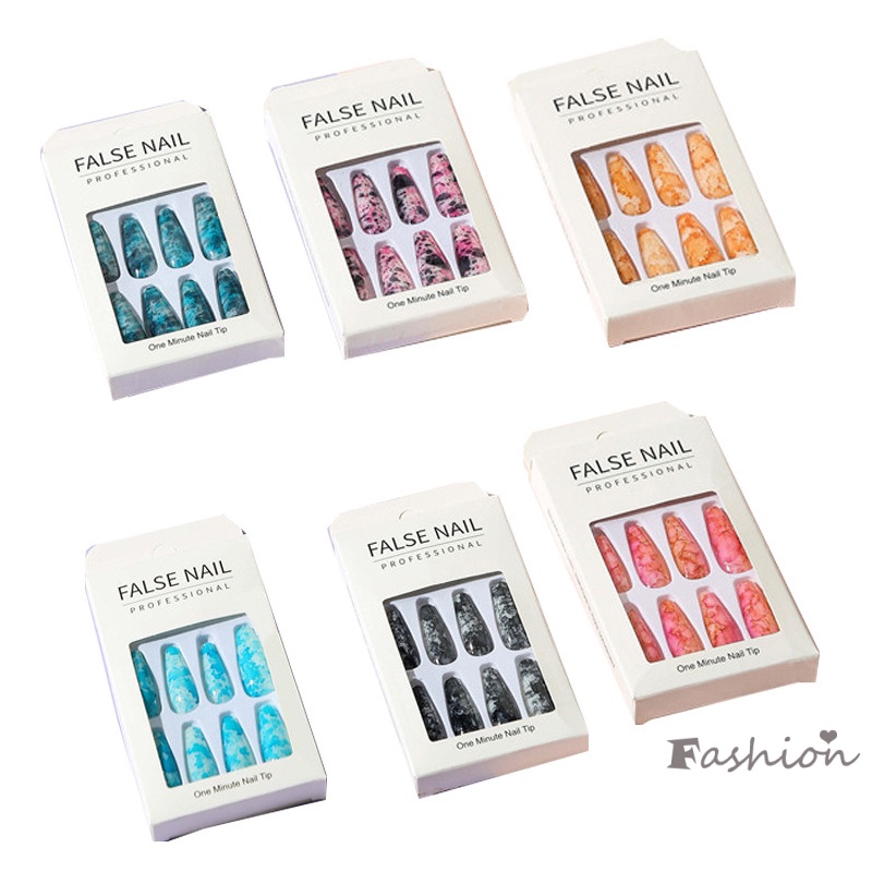 Set 24 Móng Tay Giả 24 Họa Tiết Cẩm Thạch Dài Có Thể Tháo Rời