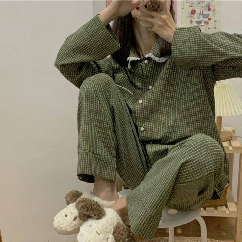Bộ đồ ngủ tay dài cổ búp bê họa tiết kẻ ô màu xanh lá phong cách Nhật Bản thời trang cho nữ