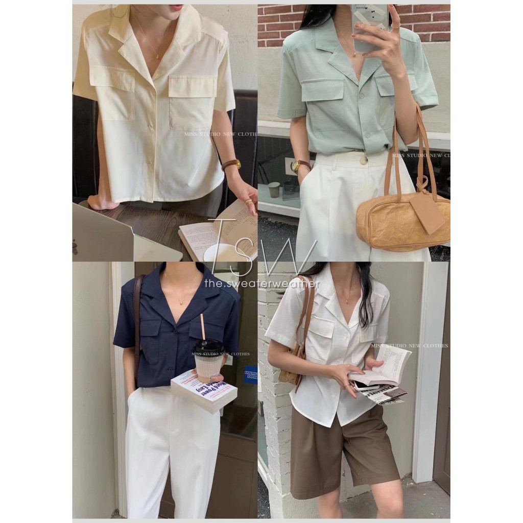 Áo sơ mi cộc tay cổ pijama voan 2 túi (Ảnh thật)