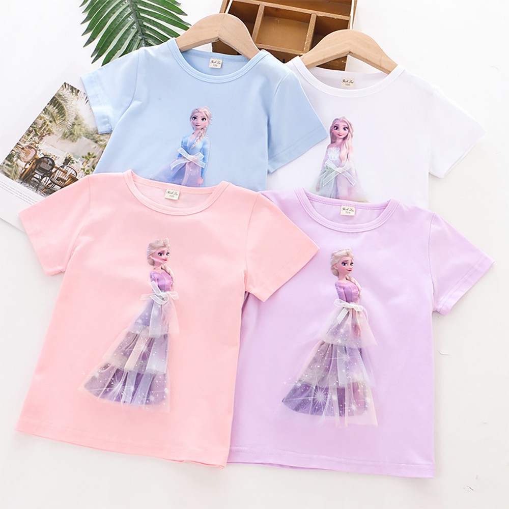 Áo phông bé gái Elsa Công Chúa ngắn tay cổ tròn đính họa tiết 3D cho bé gái