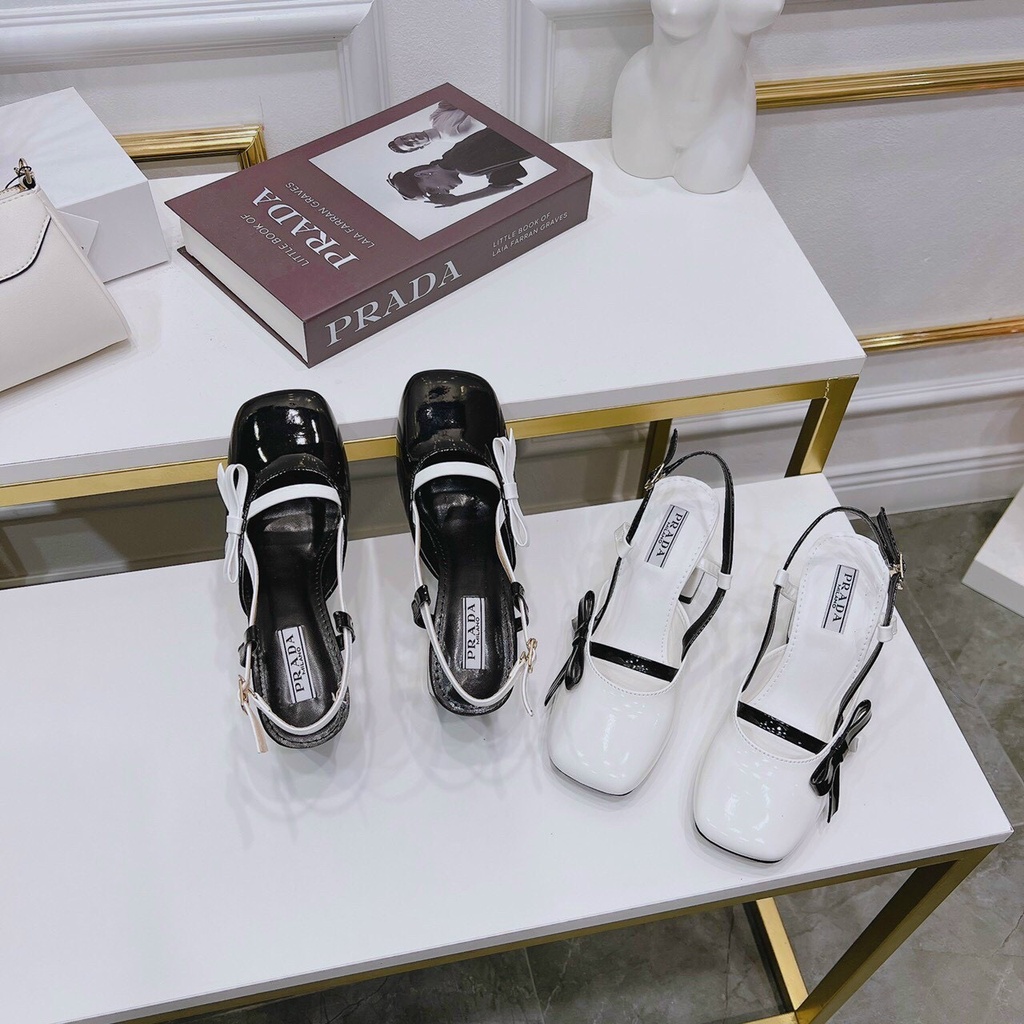 Giày cao gót nữ đế vuông nơ viền cạnh sandal cao gót pra đế vuông nơ xinh xinh E522