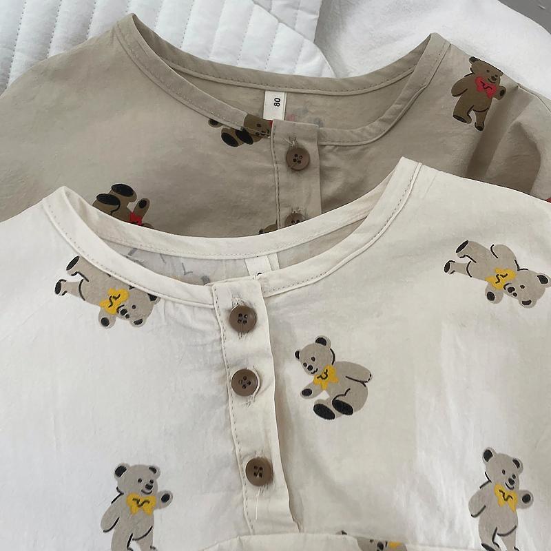 Áo Sơ Mi Cotton Lanh Tay Dài In Họa Tiết Gấu Hoạt Hình Phong Cách Hàn Quốc Cho Bé Trai Và Gái