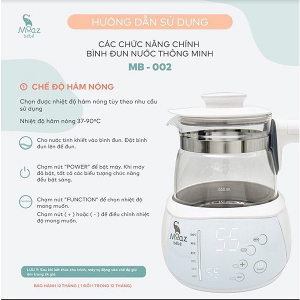 Bình đun nước pha sữa BECON moaz bebe MB002, giữ nhiệt 24h, khử clo, pha sữa, pha trà, pha cafe