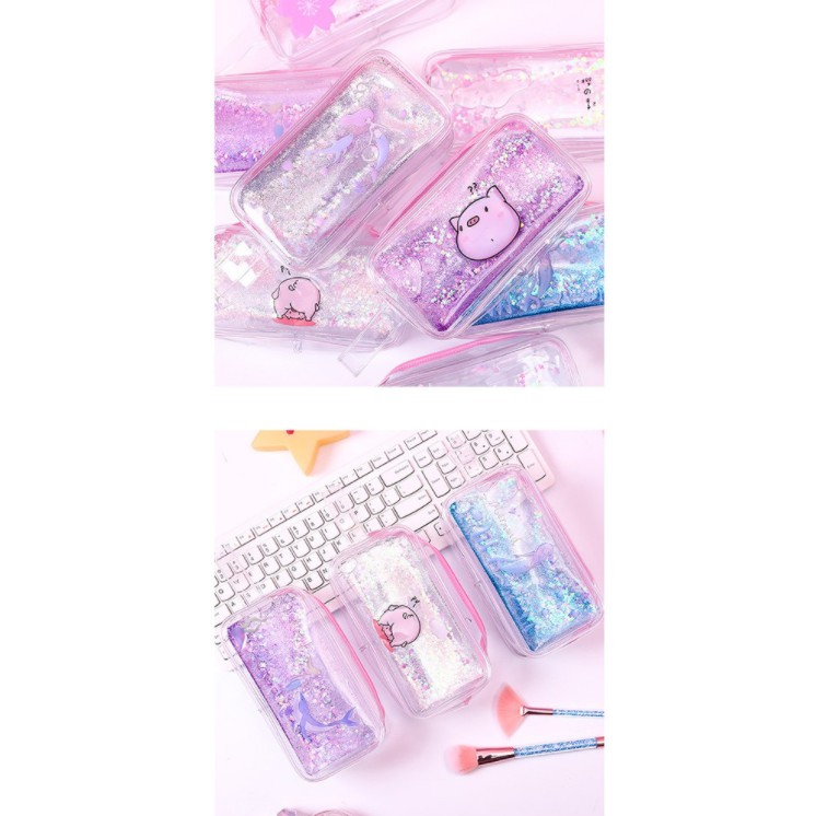 BÓP VIẾT NHỰA ĐỰNG BÚT TRONG KIM TUYẾN LẤP LÁNH HÌNH HEO - BÓP ĐỰNG BÚT TRONG SUỐT NHIỀU MÀU