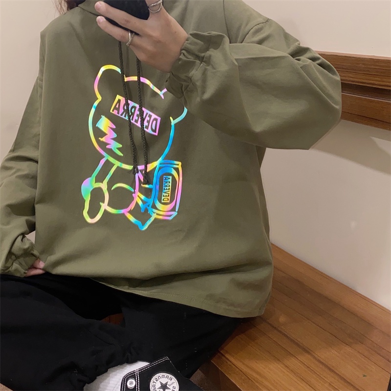 【ZHELIHANGFEI】Áo Hoodie Dài Tay Dáng Rộng In Hình Gấu Đáng Yêu