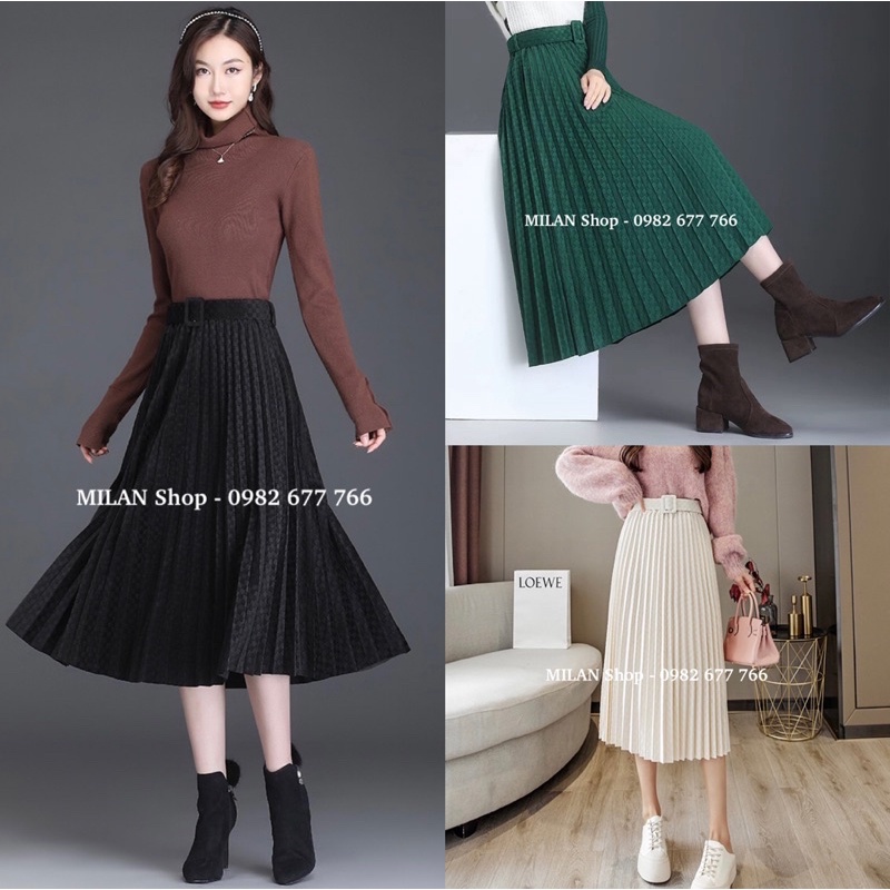 Chân váy nhung xếp ly dập ô kèm đai sang sịn
