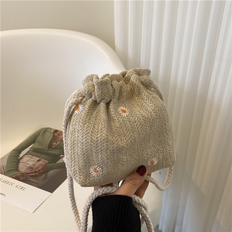 Túi Cói Đeo Chéo Phối Ren Thời Trang Cho Nữ