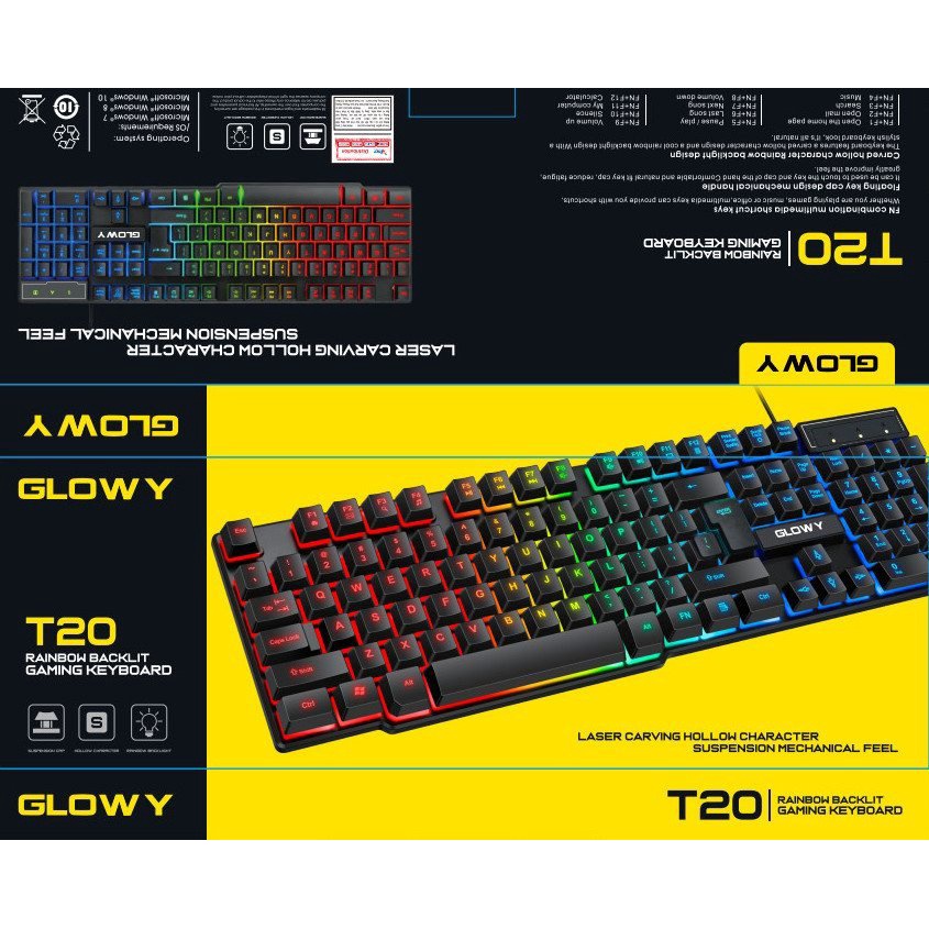 Bàn phím chính hãng Glowy T-WOLF, Model:T20 LED RGB|104 keys|USB| Giả cơ - Bảo hành 1 năm