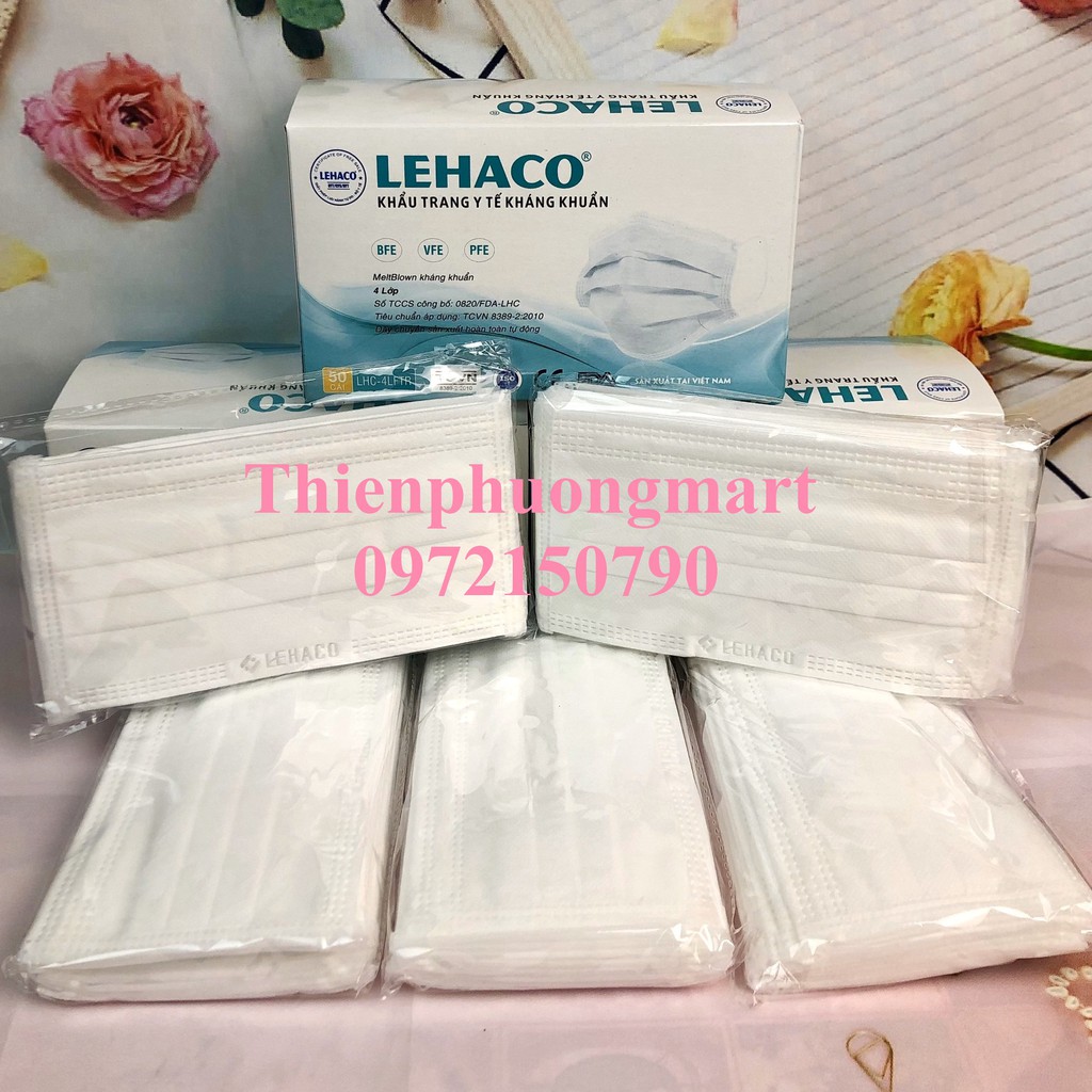 Khẩu trang Y tế Lehaco 4 lớp giấy kháng khuẩn Màu Xanh/ Hồng/ Trắng / Xám 4 lớp 50 cái/ hộp