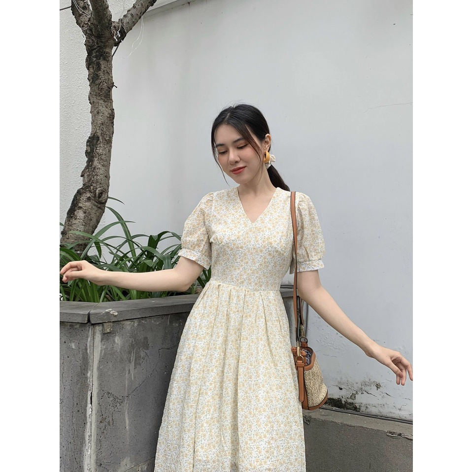 Đầm hoa babydoll cổ chữ V thắt nơ lưng chất vải hoa xốp - Lili dress (BT103)