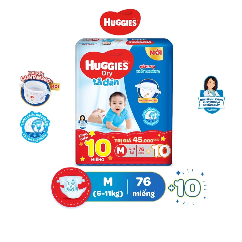 Tã dán Huggies M76 / L68 / XL62 / XXL56