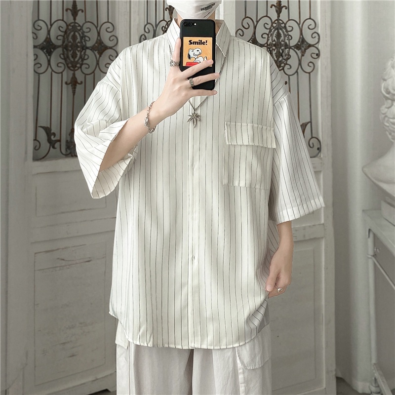 Áo Sơ Mi Tay Ngắn Dáng Rộng Họa Tiết Kẻ Sọc Thời Trang Mùa Hè Cho Nam Size M-3XL