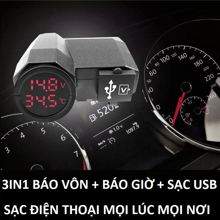 SẠC ĐIỆN THOẠI TRÊN XE MÁY KÈM BÁO VÔN BÁO NHIỆT ĐỘ 3IN1