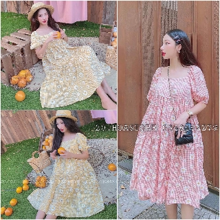 VÁY TRỄ VAI CỔ VUÔNG HOA CÚC BABY DOLL HỒNG VÀNG - ĐẦM CỔ VUÔNG DAISY MẶC 2 KIỂU