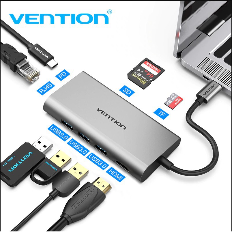 Cổng Chuyển Vention 8 in 1 USB Type C to HDMI, LAN,TF,SD,USB 3.0*3,PD Vention THAHB