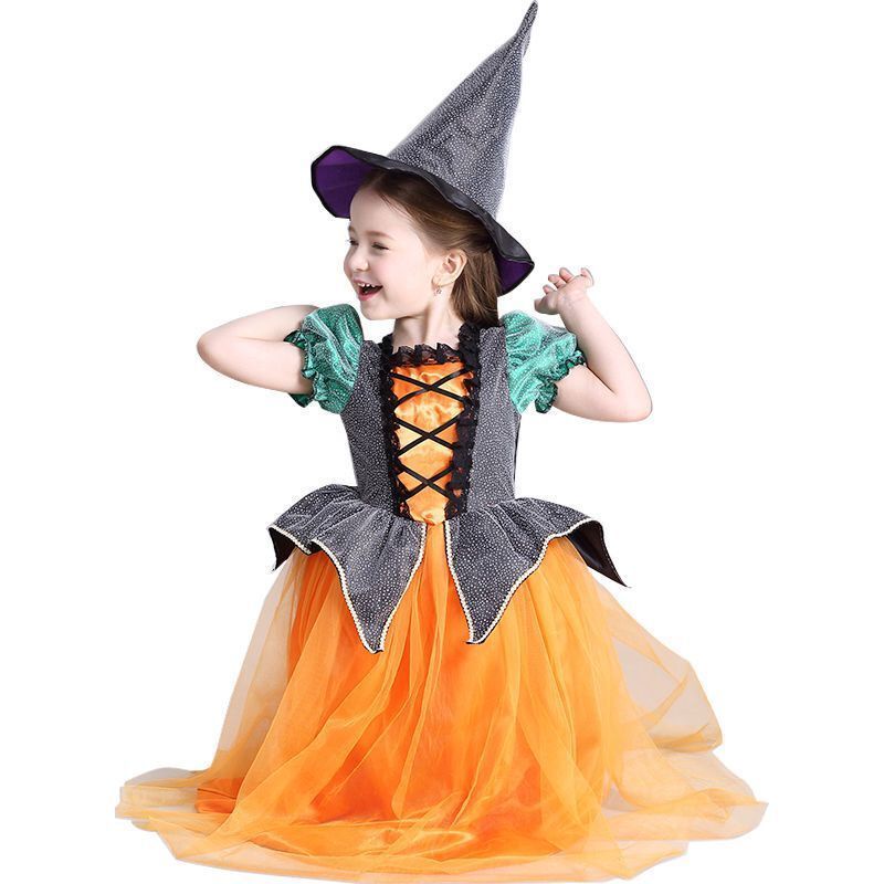 Đầm Hóa Trang Halloween Nhân Vật Phù Thủy Bí Ngô Cỡ 90-160 Cho Bé Gái