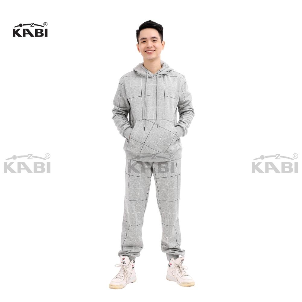 Đồ bộ hoodie nam KABI bộ áo khoác quần dài thu đông caro xám thun cotton nỉ