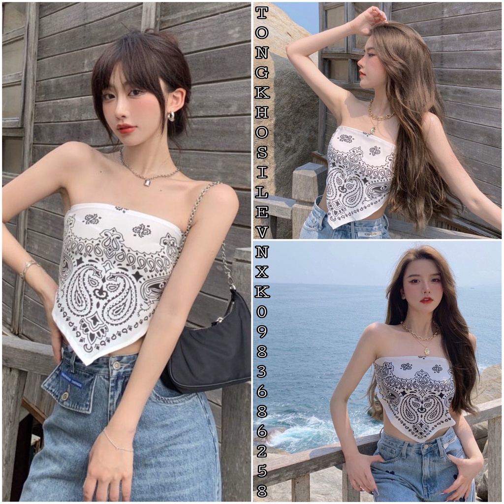 Áo Yếm Thổ Cẩm Quây Trắng - Áo Quây Tam Giác Chun Lưng Body Sexy