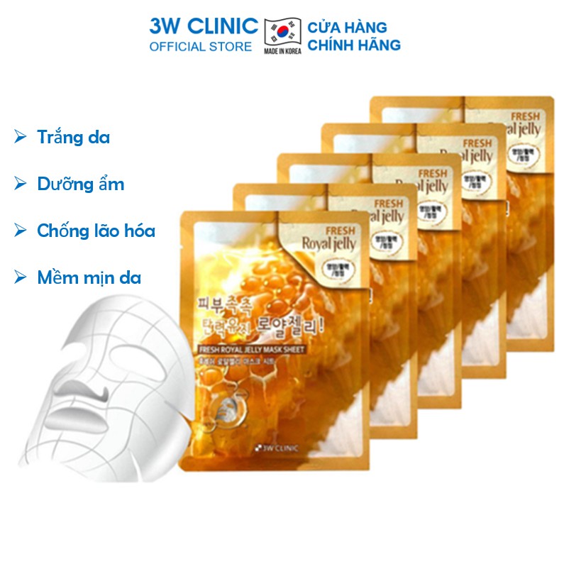 Combo 10 Túi Mặt nạ giấy dưỡng trắng da dưỡng ẩm chiết xuất từ sữa ong chúa 3W Clinic Hàn Quốc 23mlx10