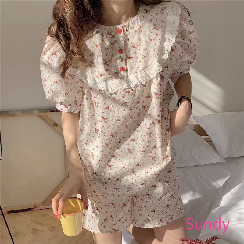 Đồ Ngủ Tay Ngắn In Hoa Kiểu Hàn Quốc Thời Trang Mùa Hè Cho Nữ