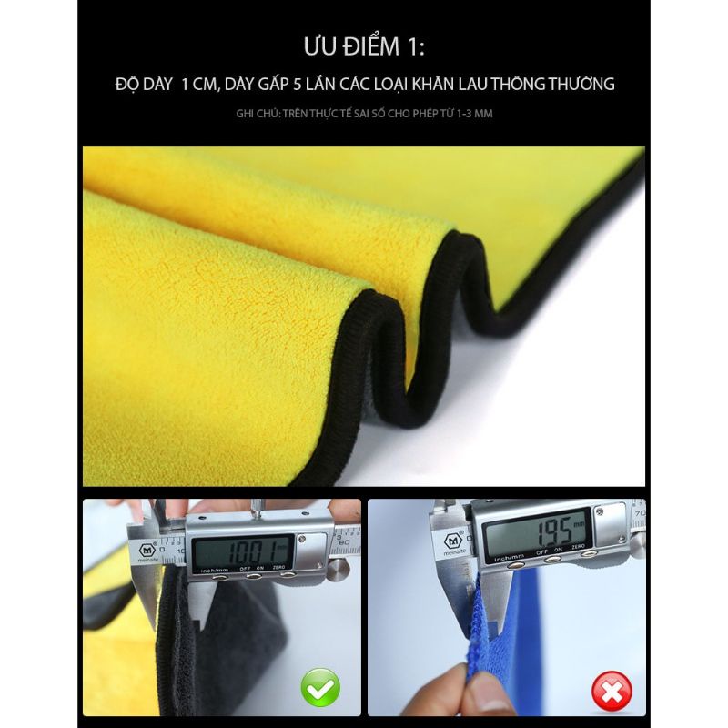 Khăn lau rửa xe Microfiber siêu thấm siêu mịn vệ sinh ô tô, xe máy chuyên dụng 2 lớp - TABISO