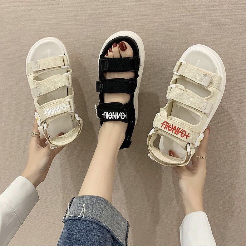 (ảnh+video)giày dép sandal nữ quai 3 tầng điểm hoa cúc đế bệt