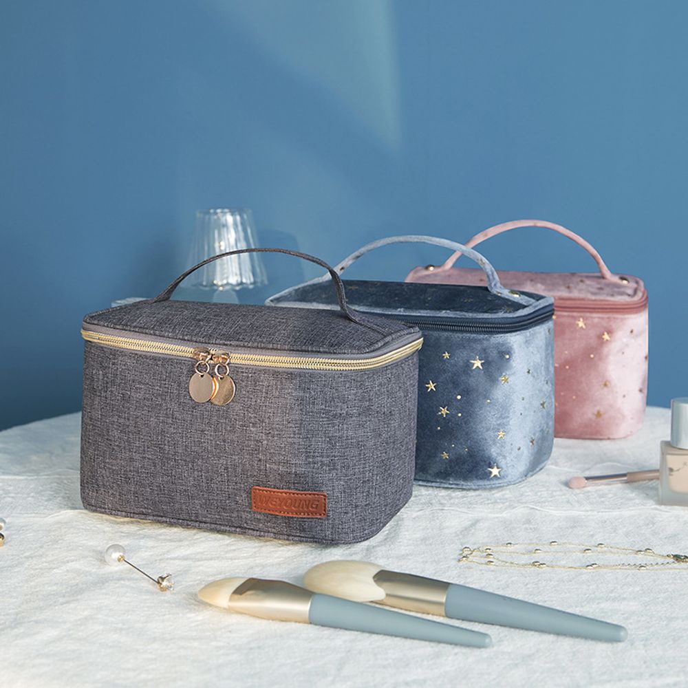 [Hàng mới về] Túi đựng mỹ phẩm di động cỡ lớn bằng vải nhung phối flannel màu đồng tiện dụng cho nữ