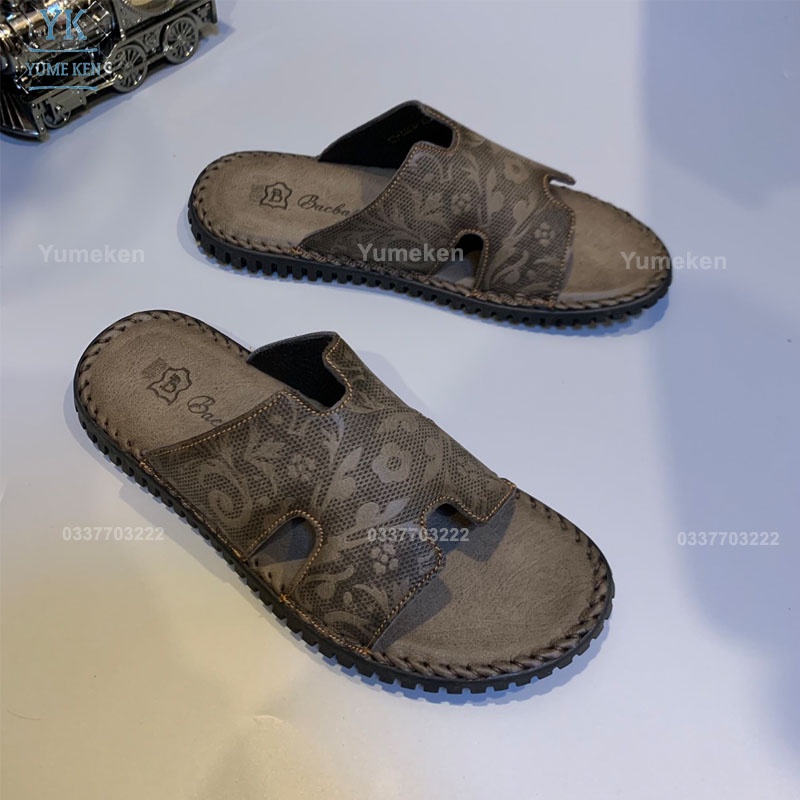 Dép Nam Chữ H Da Bò Thật 100% Bề Mặt Lót Da Mềm Đi Êm Khâu Viền Chắc Chắn