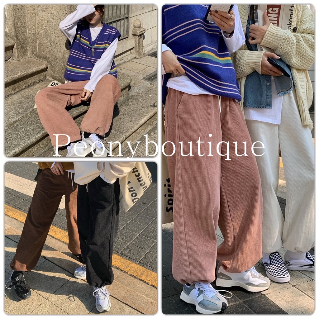 Quần Nhung Tăm Rút Dây PEONYB Nữ [FREESHIP]  Jogger ống rộng vintage màu ĐEN | TRẮNG | NÂU | XANH cá tính Ulzzang